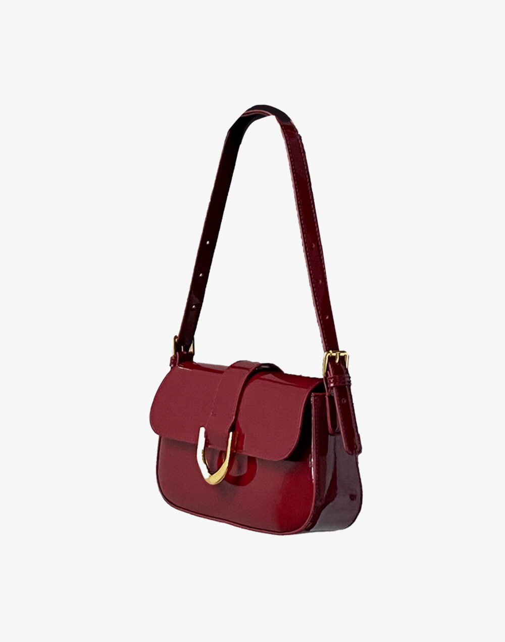 Red Glossy Belt Buckle Baguette Bag - Image 3