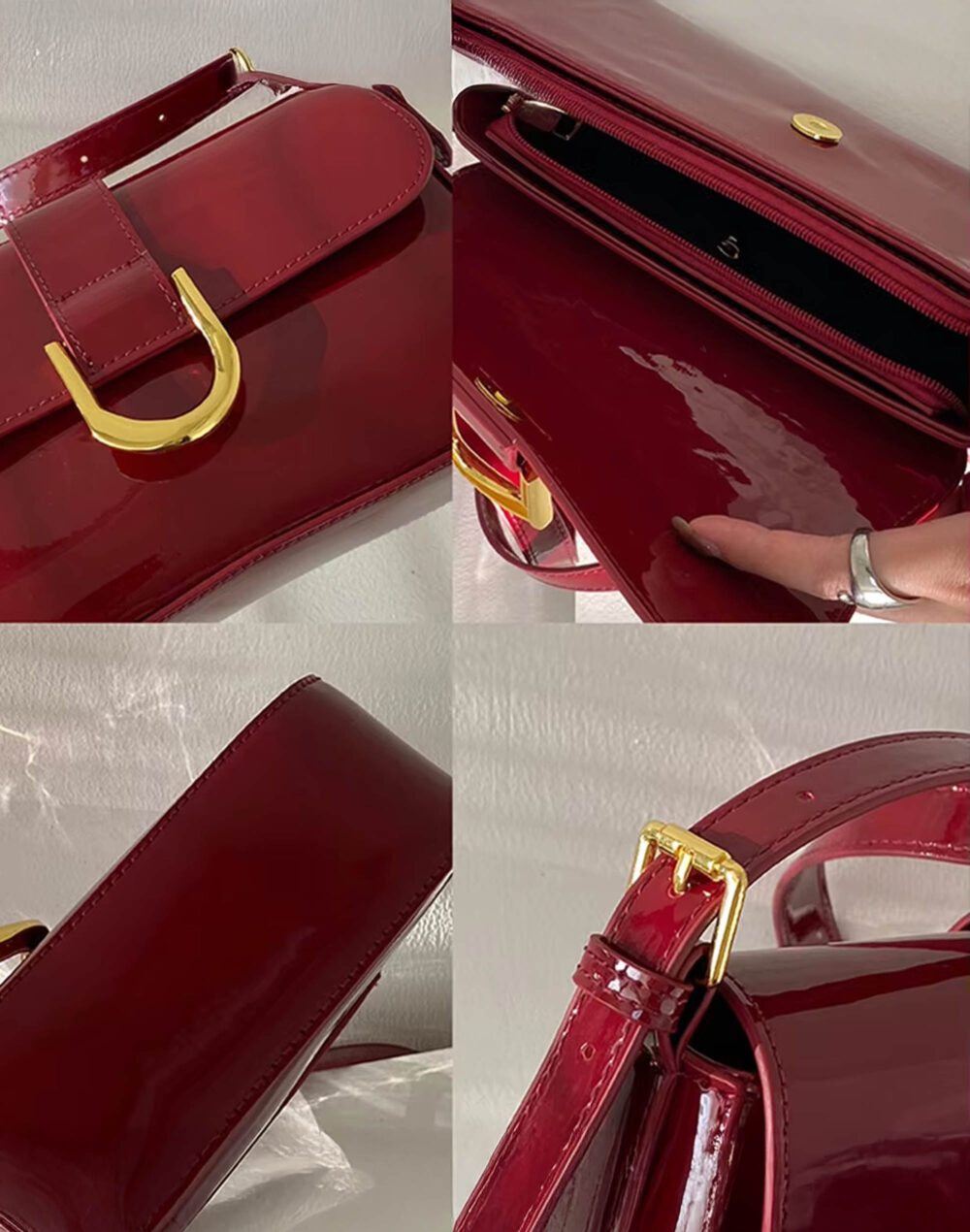 Red Glossy Belt Buckle Baguette Bag - Image 4