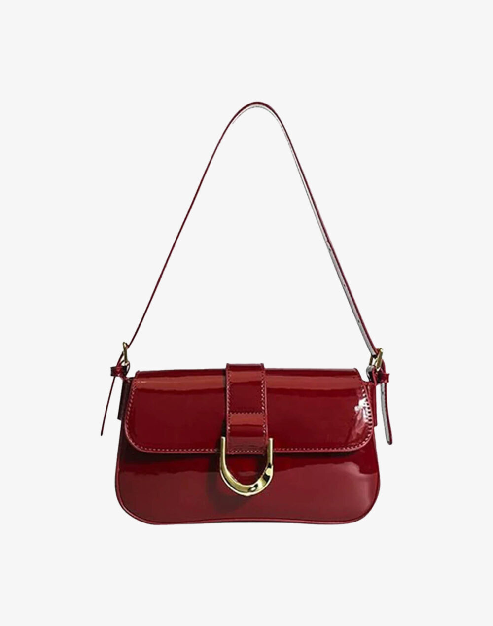 Red Glossy Belt Buckle Baguette Bag