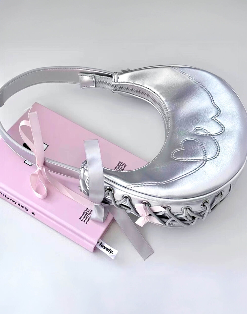 Y2K Coquette Metallic Bag With Pink Ribbon perfect for kawaii and y2k fashion